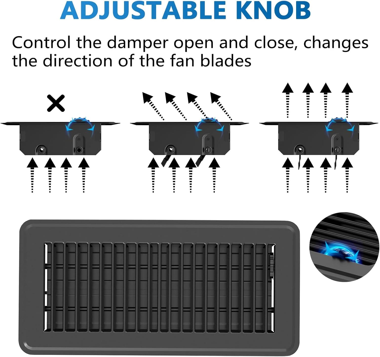 Hon&Guan Floor Register with Adjustable Damper – Control Airflow and Direction via Fan Blade Adjustment