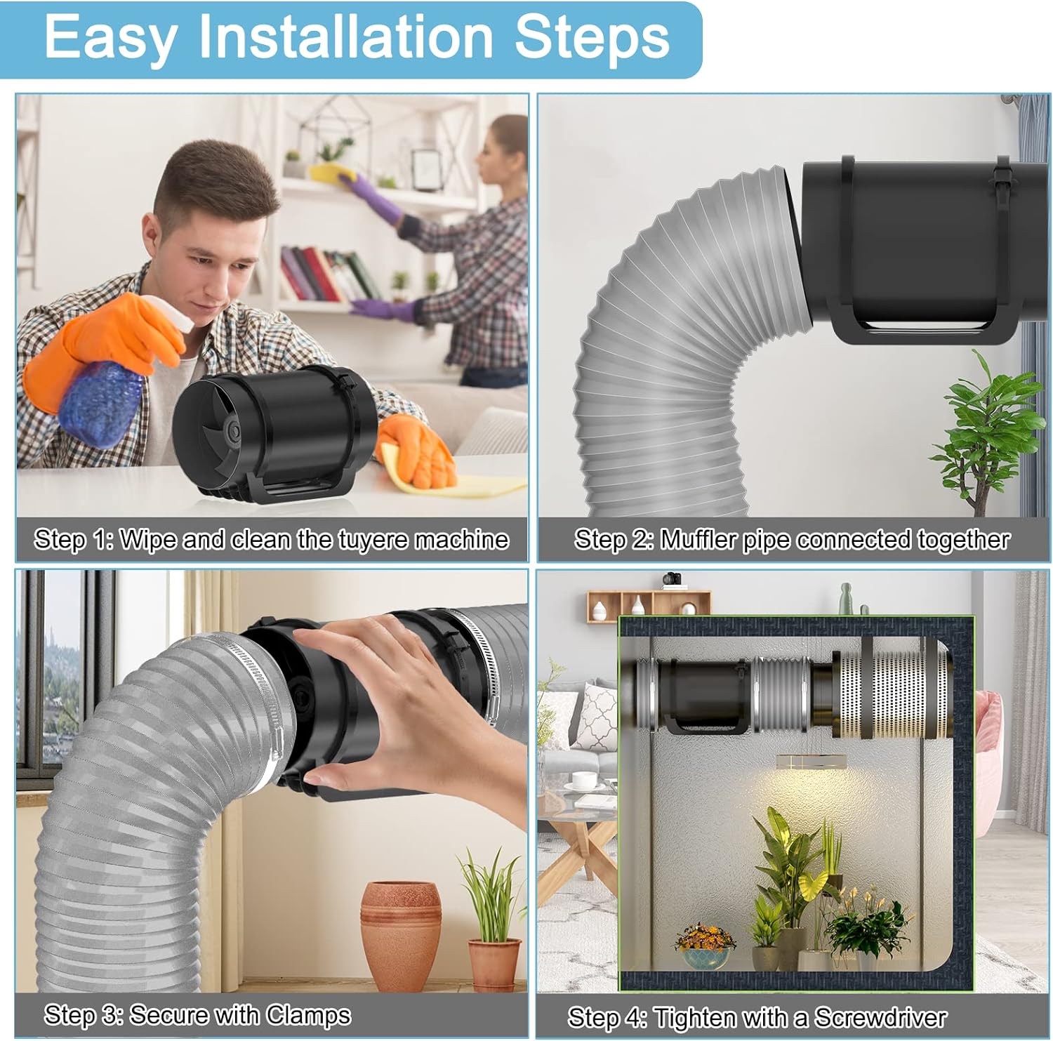 Air Duct Installation Steps Diagram – Easy Setup for Flexible Ducting in Ventilation Systems, HVAC, and Dryer Rooms