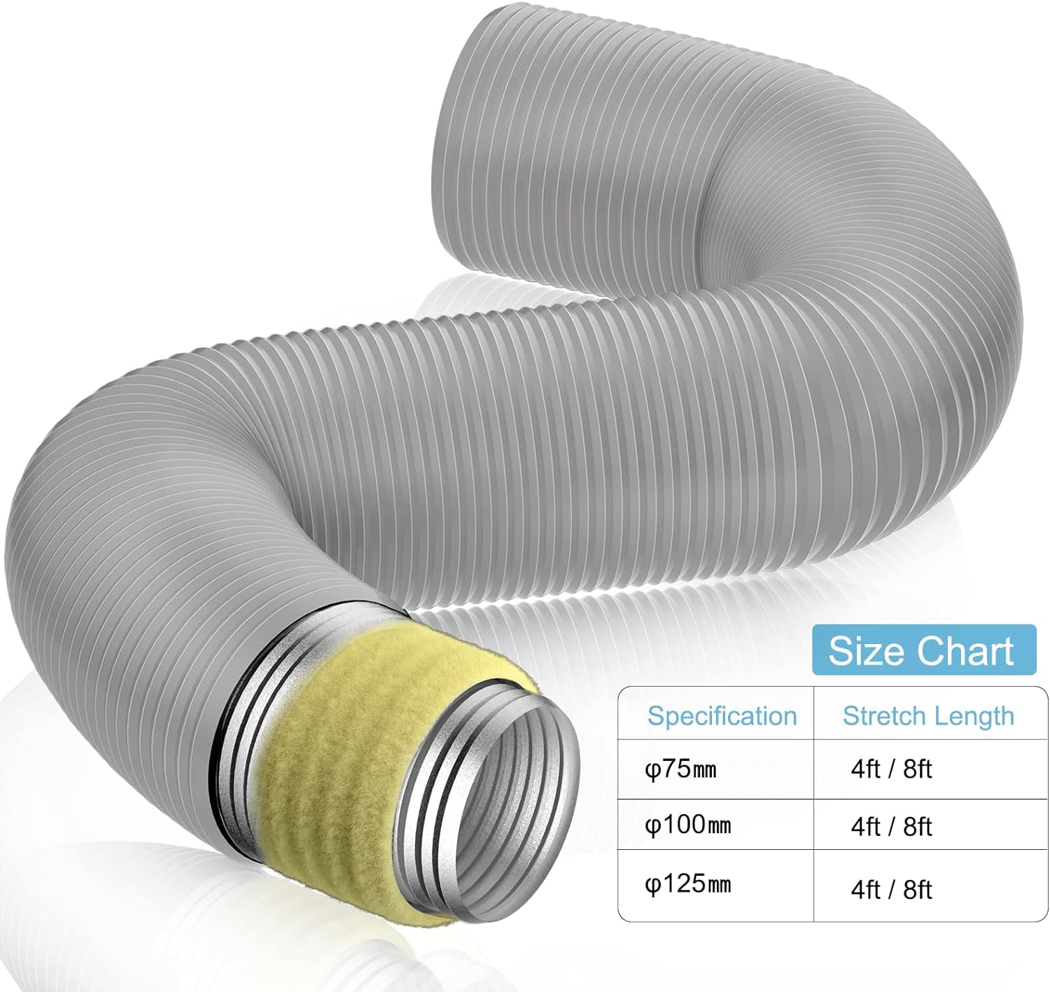 Insulated Air Duct Size Options – 75mm, 100mm, 125mm Diameters and 4FT or 8FT Lengths for HVAC Ventilation Systems