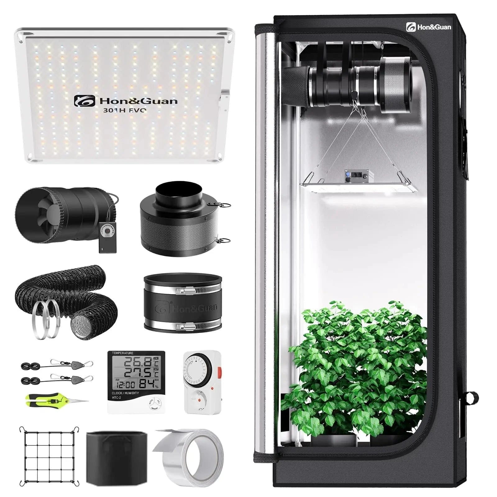 Complete Grow Tent Kit with HG1000 LED Grow Lamp, 60x60x160 cm Tent, 150 mm Ventilation Fan & Carbon Filter
