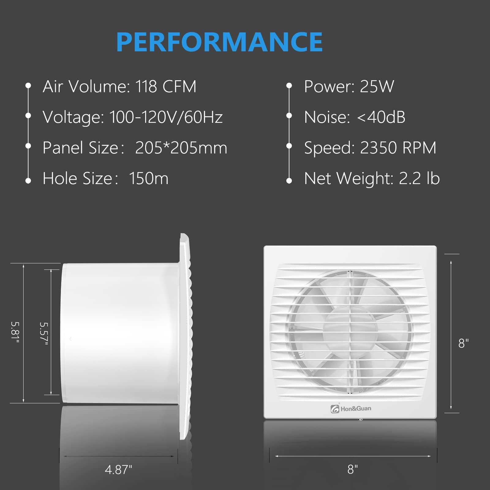 Bathroom Exhaust Fan Specifications – 118 CFM Air Volume, 25W Power,