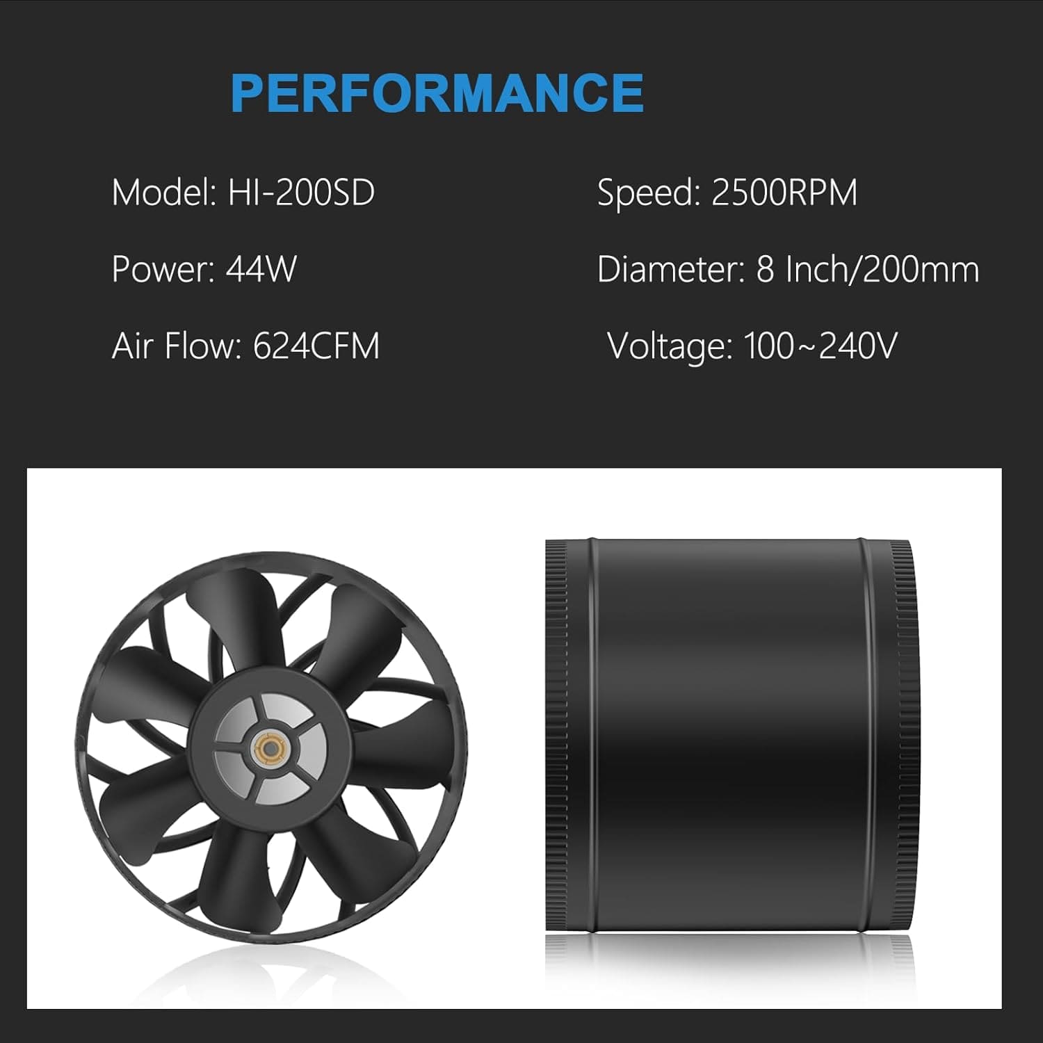 8 Inch Inline Duct Fan, 623 CFM, Speed Controller, Low Noise