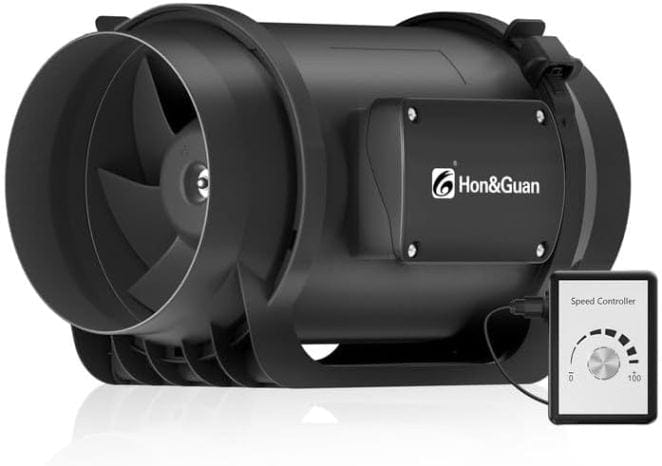 EcoSync 150mm duct fan with EC motor and speed controller for quiet and energy-efficient grow tent ventilation.