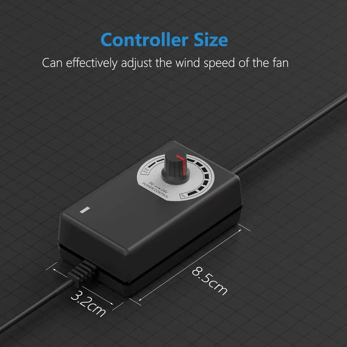 Duct booster fan speed controller with compact size 8.5cm x 3.2cm for precise airflow adjustment