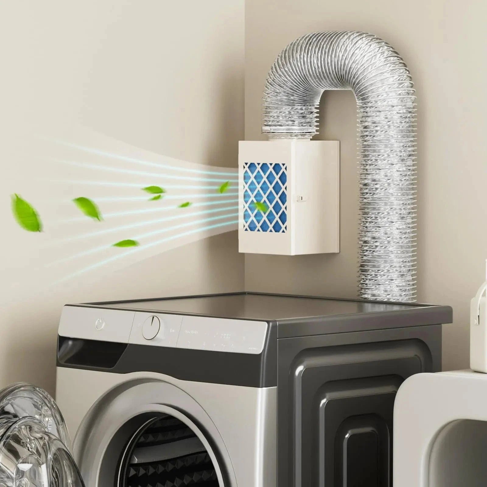 HONGUAN indoor dryer vent with metal vent box, safety flap, polyester filters, and 4-inch hose for electric dryers.