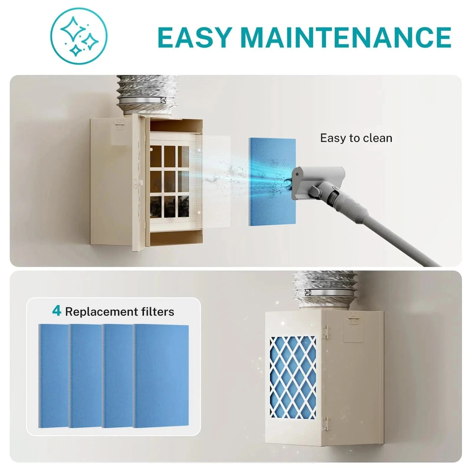 Easy-to-clean filter system of HONGUAN indoor dryer vent for regular maintenance and optimal performance.