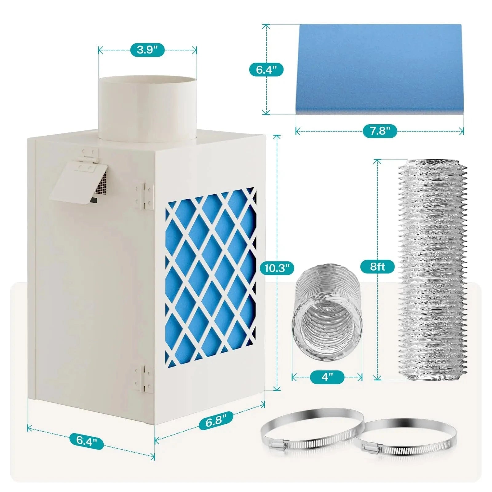 Dimensions of HONGUAN indoor dryer vent, showing 4-inch hose diameter and metal vent box size for precise installation.