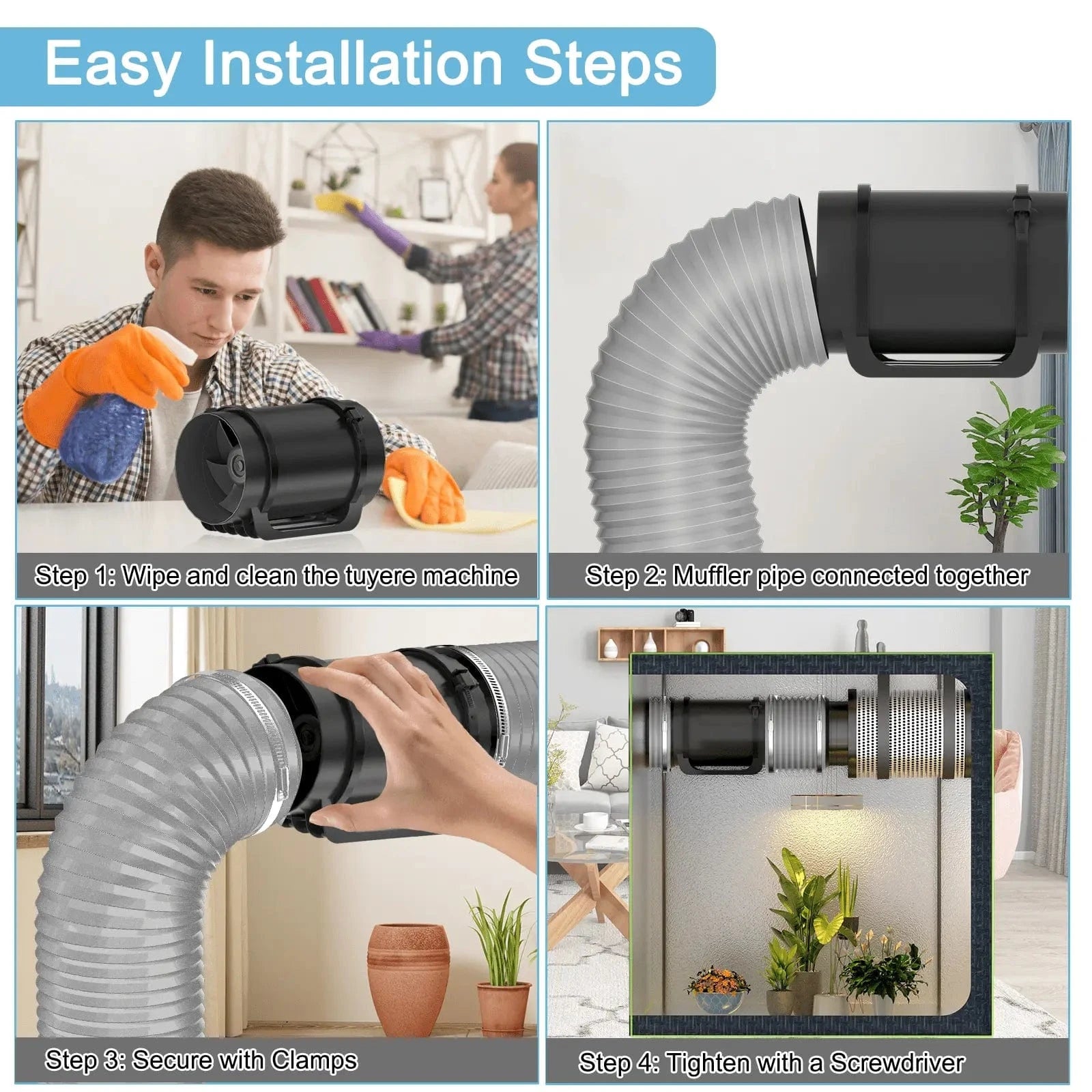 HON&GUAN Air Duct Installation Steps – Secure Connection with Clamps, Attach to Ventilation System, and Insulate for Noise Reduction