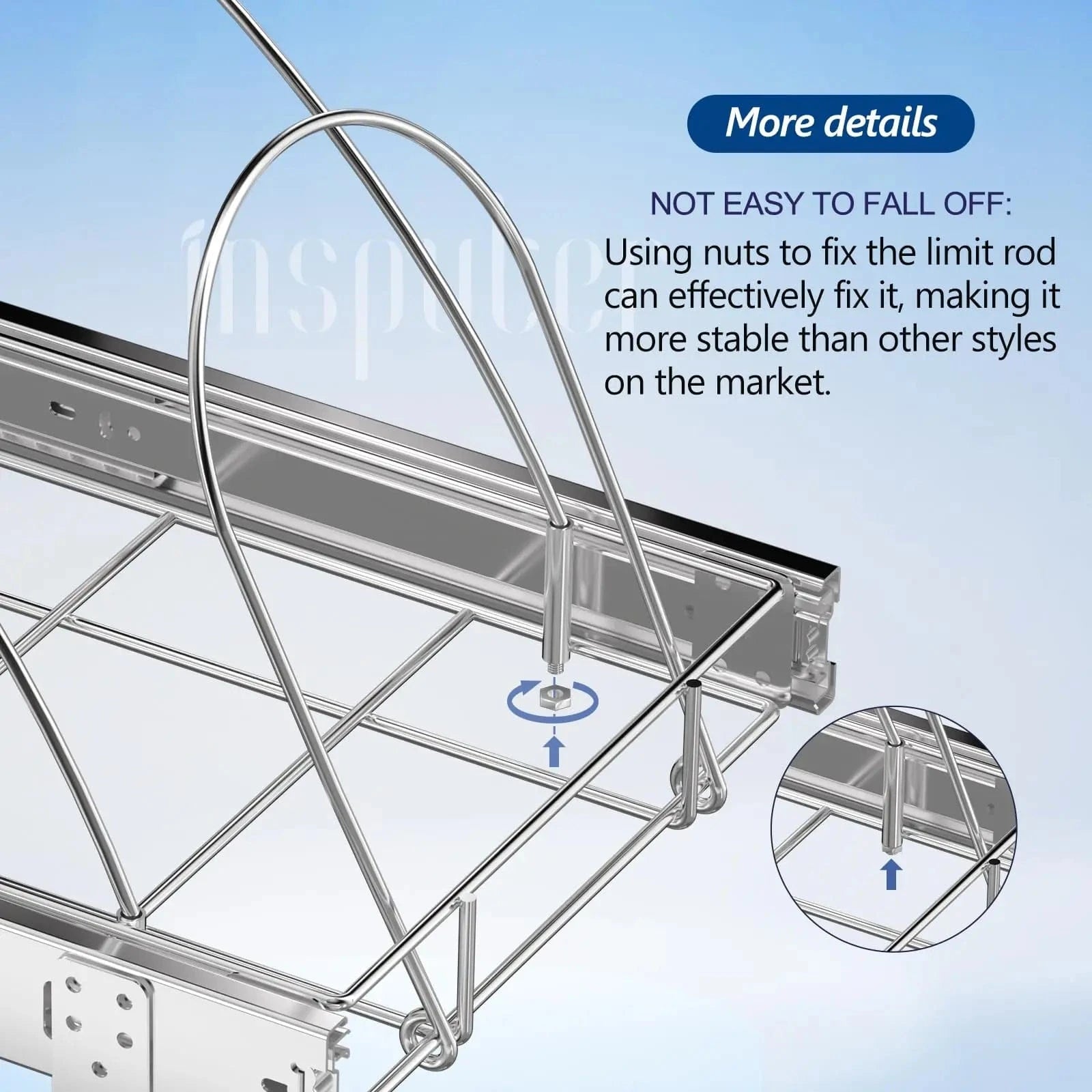 Pull Out Trash Can with a secure limit rod fixed by nuts to prevent falling off.