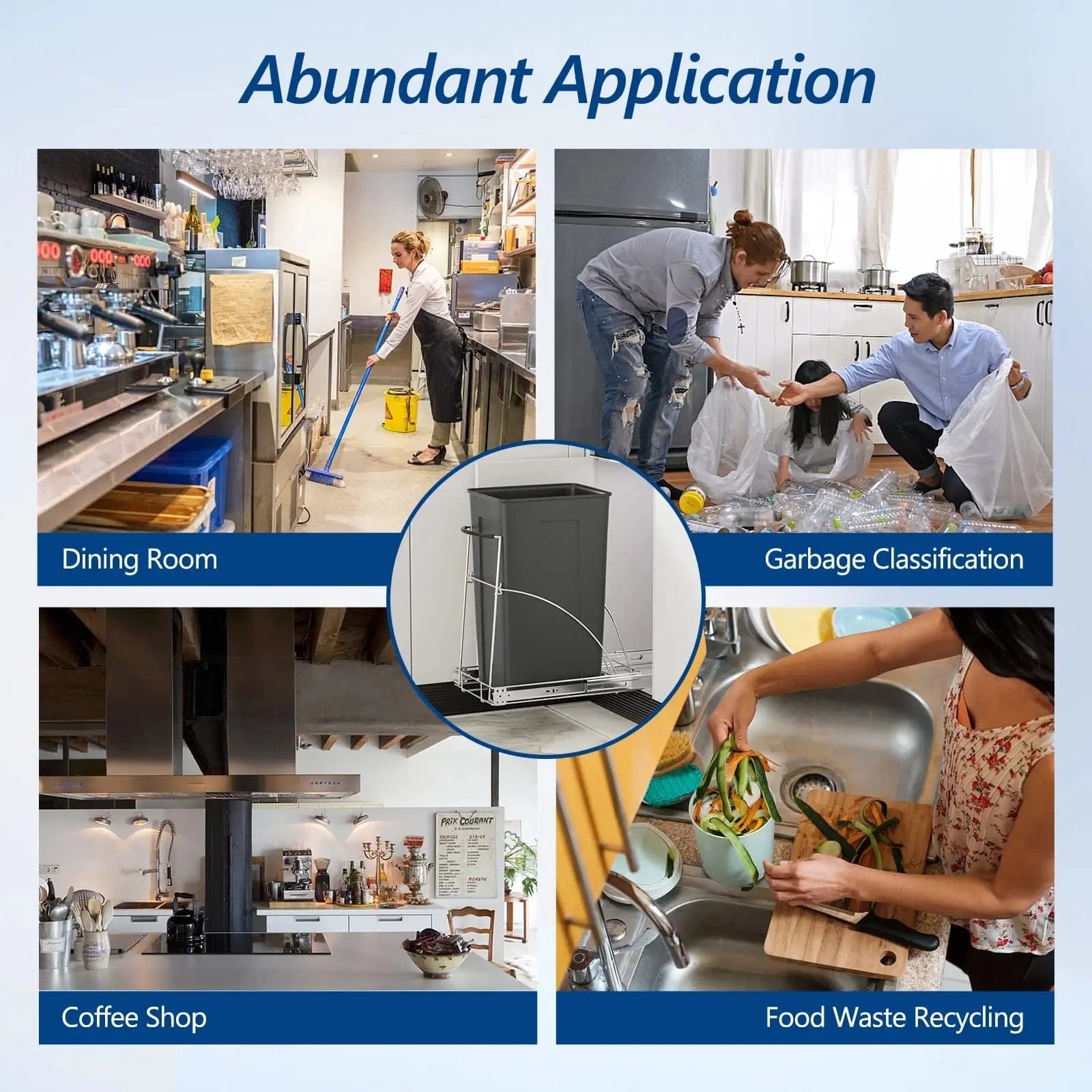 Pull Out Trash Can used in various settings like dining room, coffee shop, food waste recycling, and laundry room.