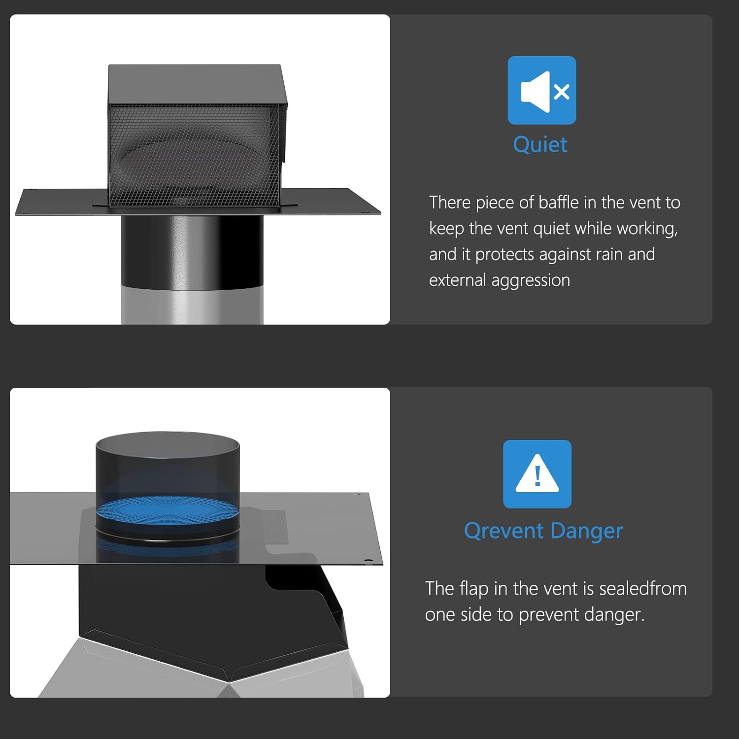 There piece of baffle in the roof vent cap tokeep the vent quiet while workingand it protects against rain andexternal aggression.