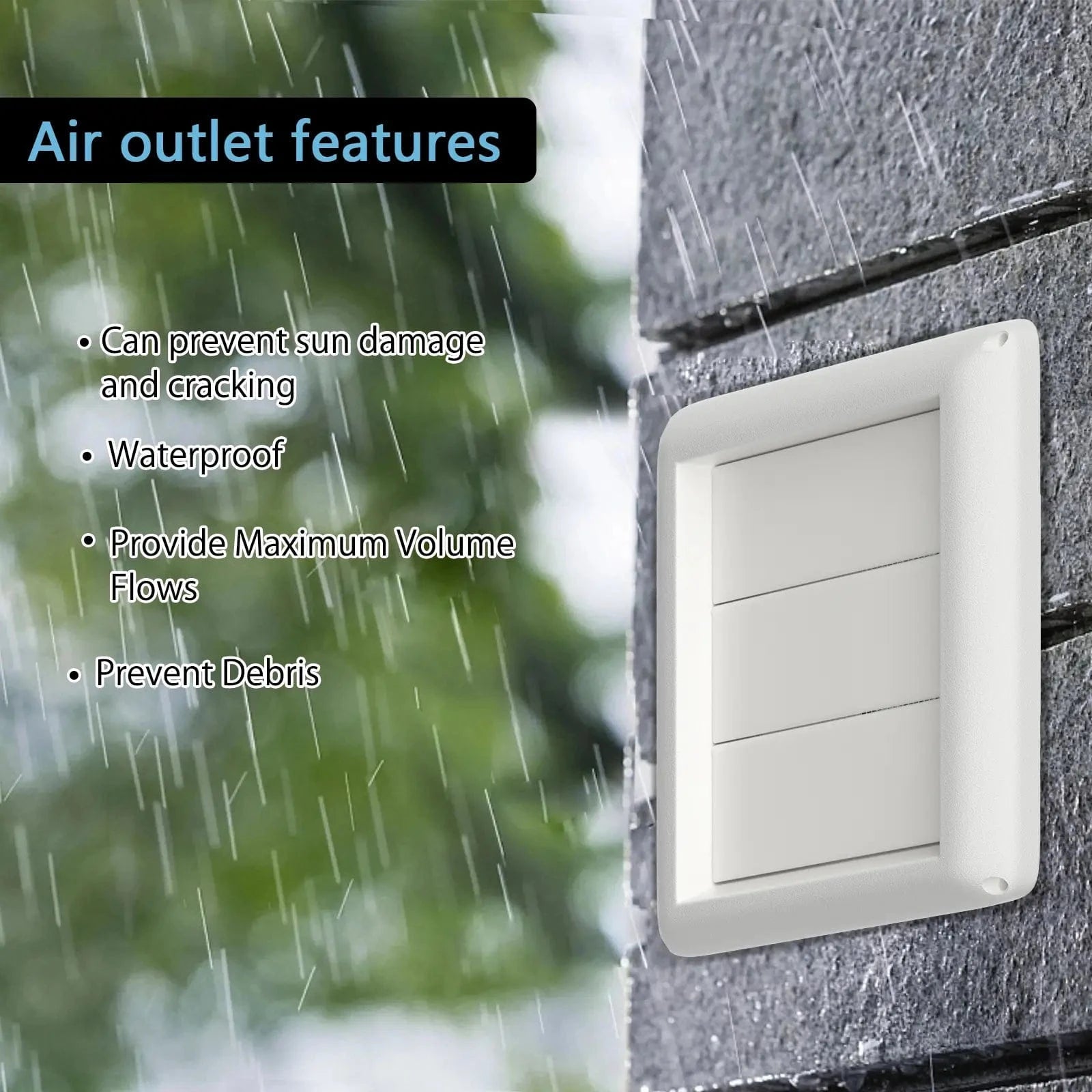 Waterproof test demonstration of the 4-inch square louvered vent cover, showing water beading and running off the plastic surface, highlighting its resistance to moisture.