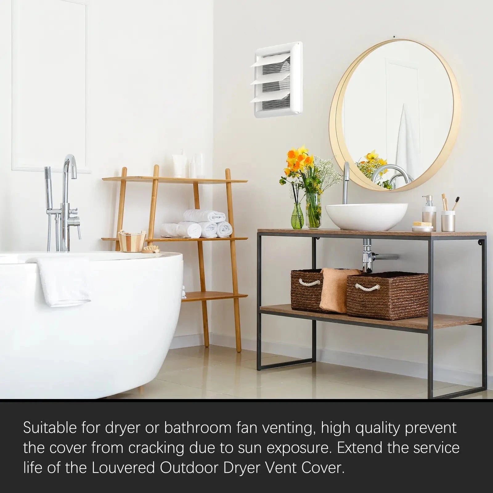 Image of the 4-inch square louvered vent cover, ideal for bathroom ventilation, showing its durable plastic construction and insect screen. This vent cover helps prevent moisture and odors, ensuring proper airflow in bathroom spaces.