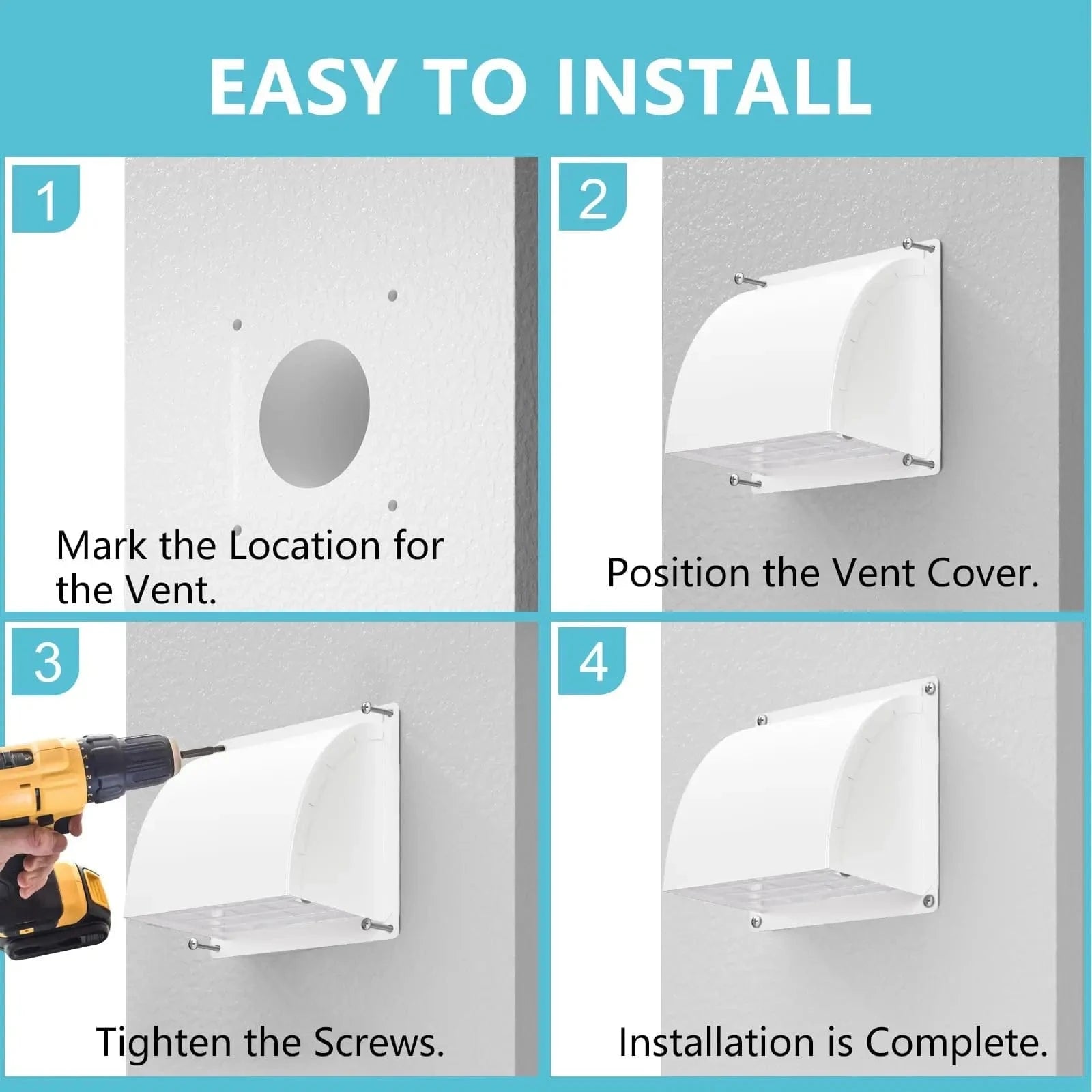Simple wall-mounted installation of HONGUAN 4-inch dryer vent cover for dryers, range hoods, and AC systems.
