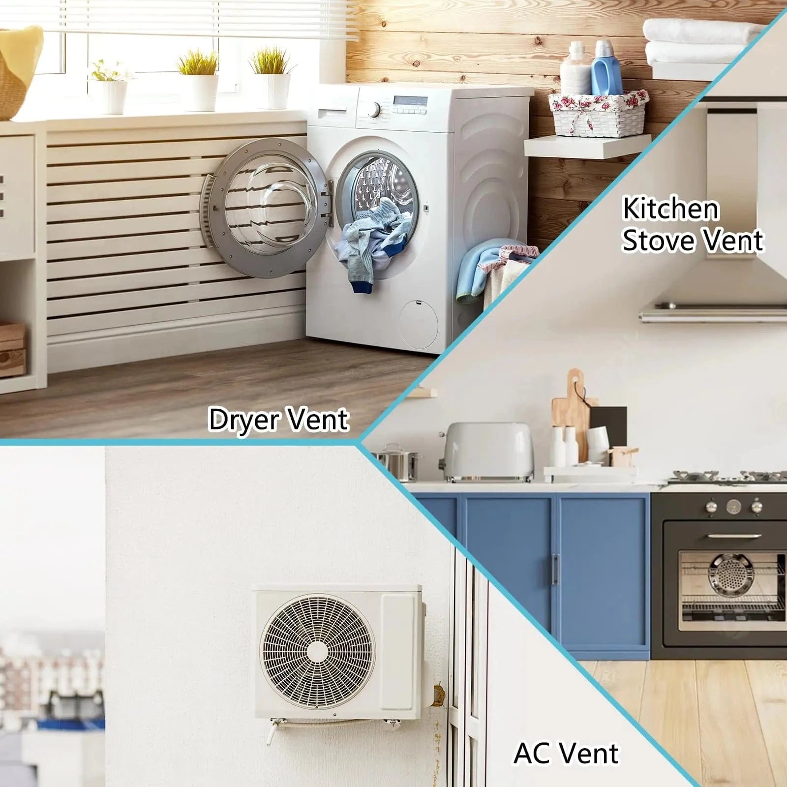HONGUAN dryer vent cover installed on various exterior walls, including houses, garages, and RVs.