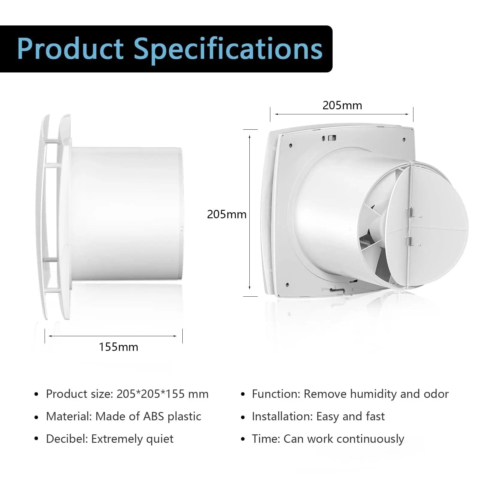 Size and dimensions of HONGUAN 6 Inch Wall Exhaust Fan – 116 CFM Airflow, 28W Power